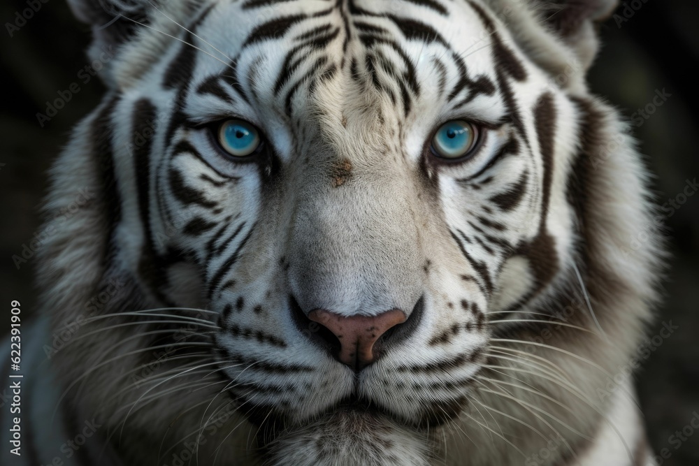 AI generated illustration of a white tiger's face featuring its piercing blue eyes AI generated illustration of a white tiger's face featuring its piercing blue eyes