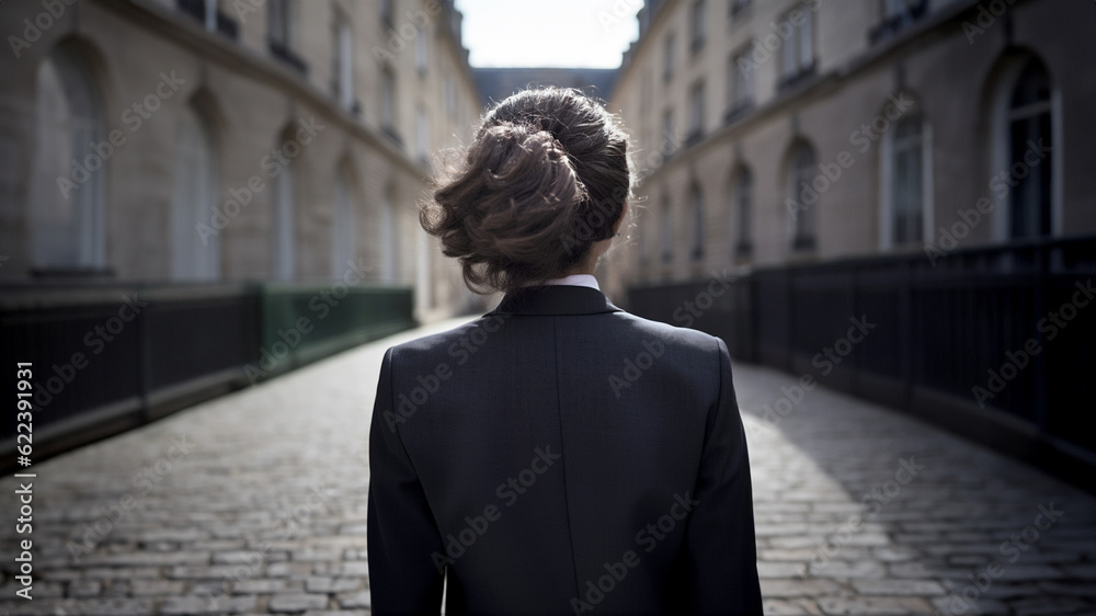 A woman lawyer in Europe from the back, taylor suit,  central perspective.