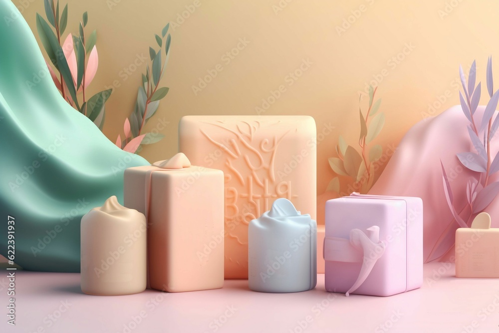 AI generated illustration of an organized arrangement of various toiletry, including bars of soap