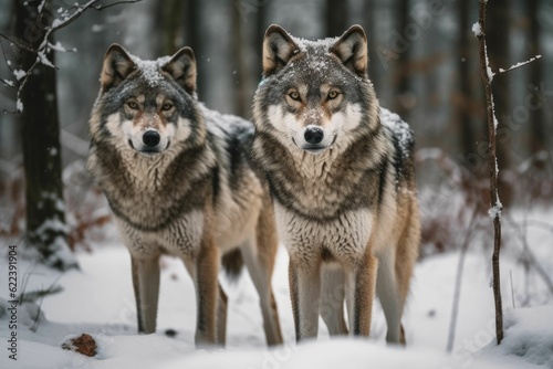 AI generated illustration of two gray wolves in a snowy forest