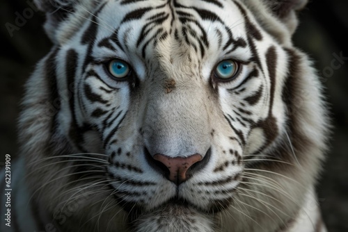 AI generated illustration of a white tiger s face featuring its piercing blue eyes