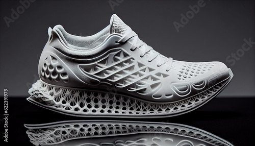 3D Printed Shoe customizable sneakers made of thermoplastic elastomer material. 3D printing revolutionizes the footwear industry Ai generated image