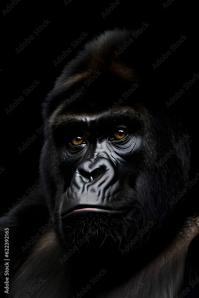 AI generated illustration of the head of a gorilla on a black background