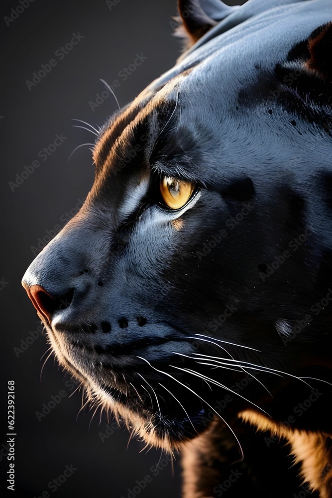AI generated illustration of a portrait of a black panther looking out at the sun