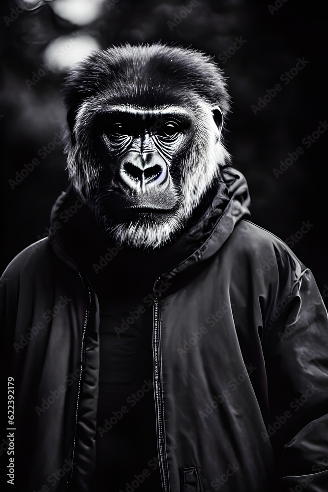 AI generated illustration of a portrait of a gorilla in a jacket