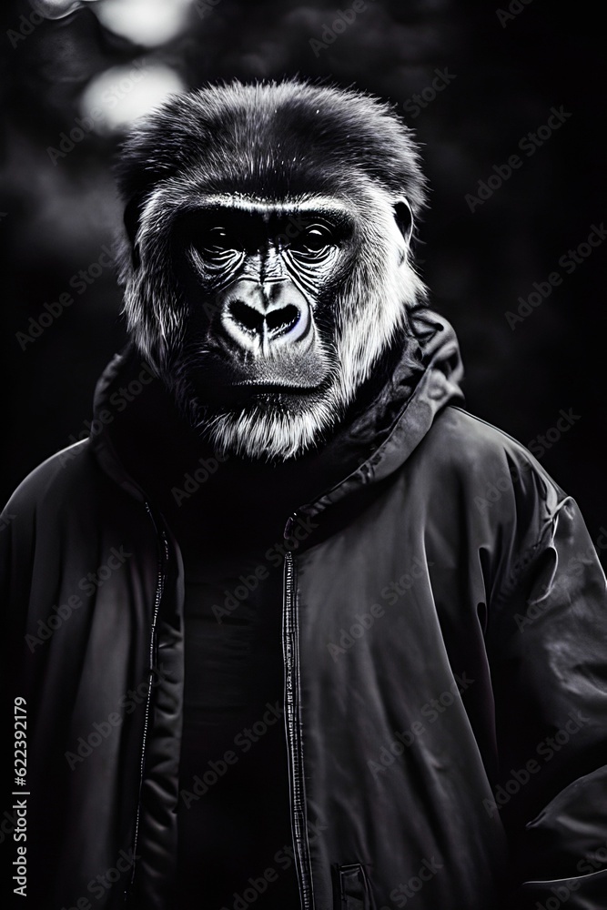 AI generated illustration of a portrait of a gorilla in a jacket AI generated illustration of a portrait of a gorilla in a jacket