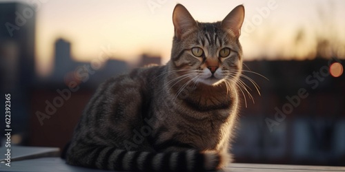 AI generated illustration of a cat on a windowsill overlooking a nightscape © Jk66/Wirestock Creators