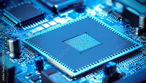 AI generated blue motherboard surrounded by other electronic chips