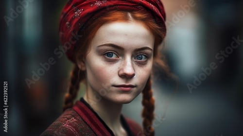 AI-generated illustration of a young ginger woman with braided hair and a red hat.