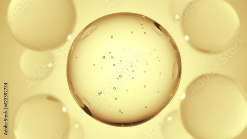 Cosmetics golden serum liquid bubbles abstract background. Cosmetic moisturizer essence gel. Collagen fluid bubble molecule. Moisturizing cream or oil for personal health care and beauty skin concept