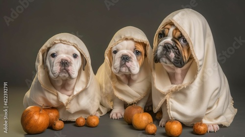 AI generated illustration of Three bulldogs dressed in costumes photo