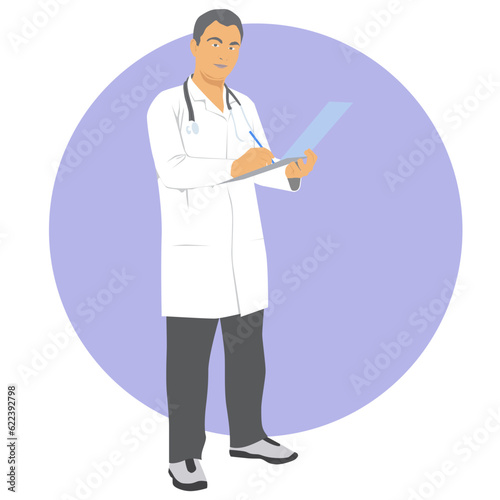 Smiling doctor with pan make note in medical card on clipboard giving medical prescription or recipe. Man character in uniform standing isolated on white background