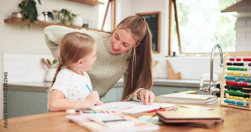 Girl, learning and tutor with drawing at house for education with knowledge and growth or art. Support, teaching and woman with kid for creative work at kitchen table with notebook and child. Girl, learning and tutor with drawing at house for education with knowledge and growth or art. Support, teaching and woman with kid for creative work at kitchen table with notebook and child.