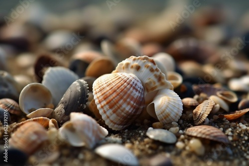 AI generated illustration of seashells scattered across a sandy beach © Mishai/Wirestock Creators