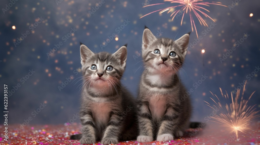 AI generated illustration of two domestic cats looking at a night sky illuminated by fireworks