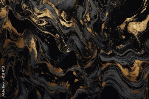 Black and Gold Liquid Marble. Fluid Black and Golden Marble Background Texture with Gold Viens. Luxury Modern Backdrop for banner, invitation, greeting card. Generative ai