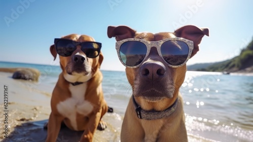 AI generated illustration of two playful dogs wearing sunglasses sitting together on a sandy beach © Nandos/Wirestock Creators