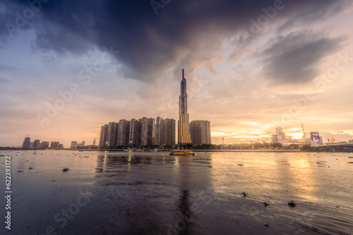 Sunset view of Ho Chi Minh City skyline and Landmark 81 skyscrapers in center of heart business at Ho Chi Minh City downtown. Financial and business concept