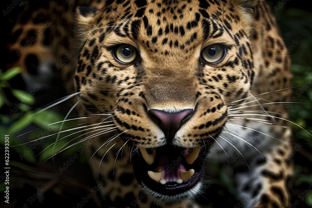 Fototapeta premium AI generated illustration of a close up of a tiger with its mouth open, revealing its sharp teeth