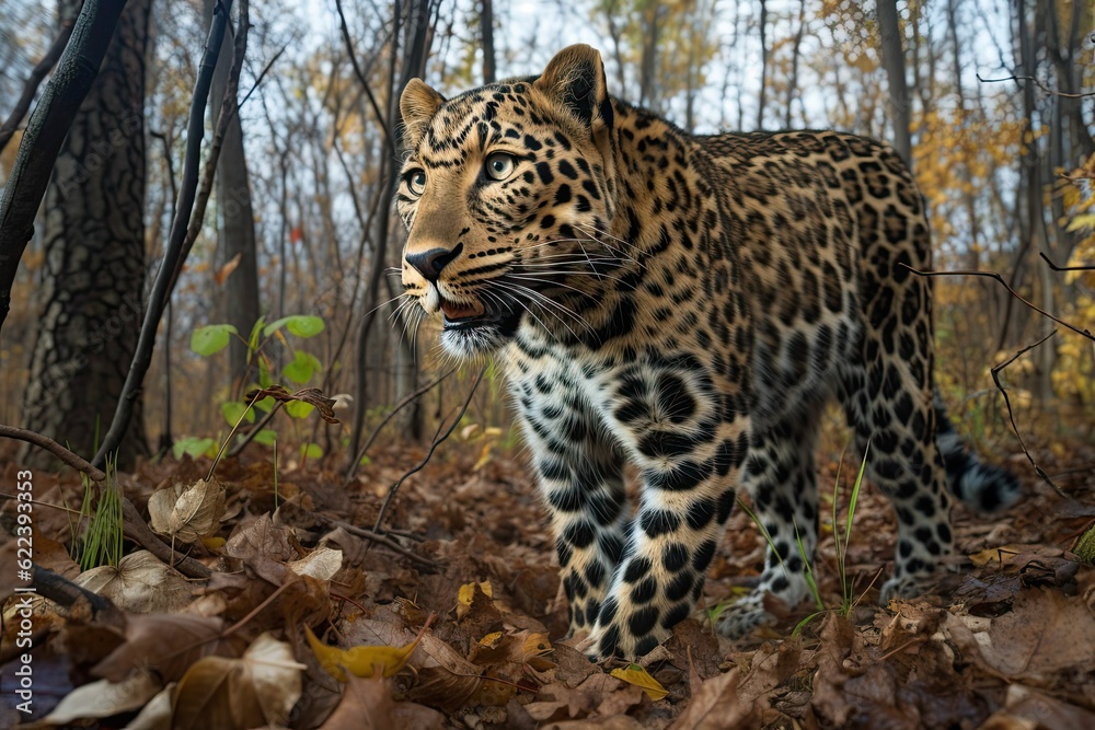AI generated illustration of A majestic leopard slowly making its way through an autumnal forest,