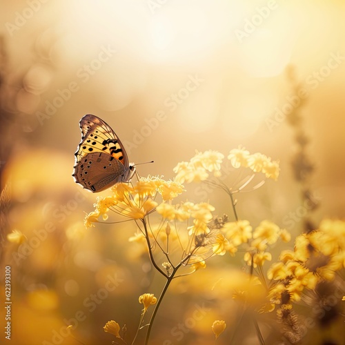 AI generated illustration of A macro shot of a beautiful butterfly perched on a yellow flower