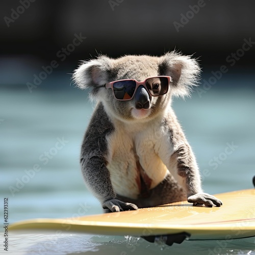 AI generated illustration of A koala bear wearing sunglasses while riding a surfboard © Dan Lambert Photography/Wirestock Creators