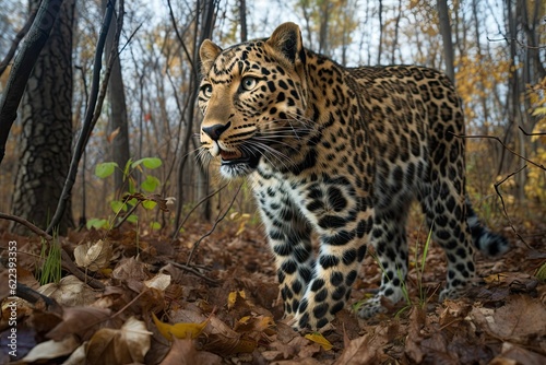 AI generated illustration of A majestic leopard slowly making its way through an autumnal forest,