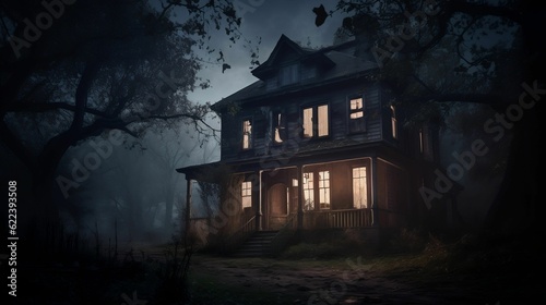 AI generated illustration of a spooky, abandoned house illuminated by a light