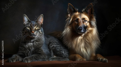 AI generated illustration of a grey cat and a German shepherd against a dark background