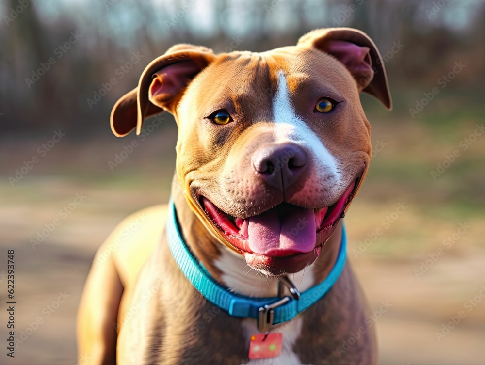 AI generated illustration of a cheerful Pit Bull standing in the field