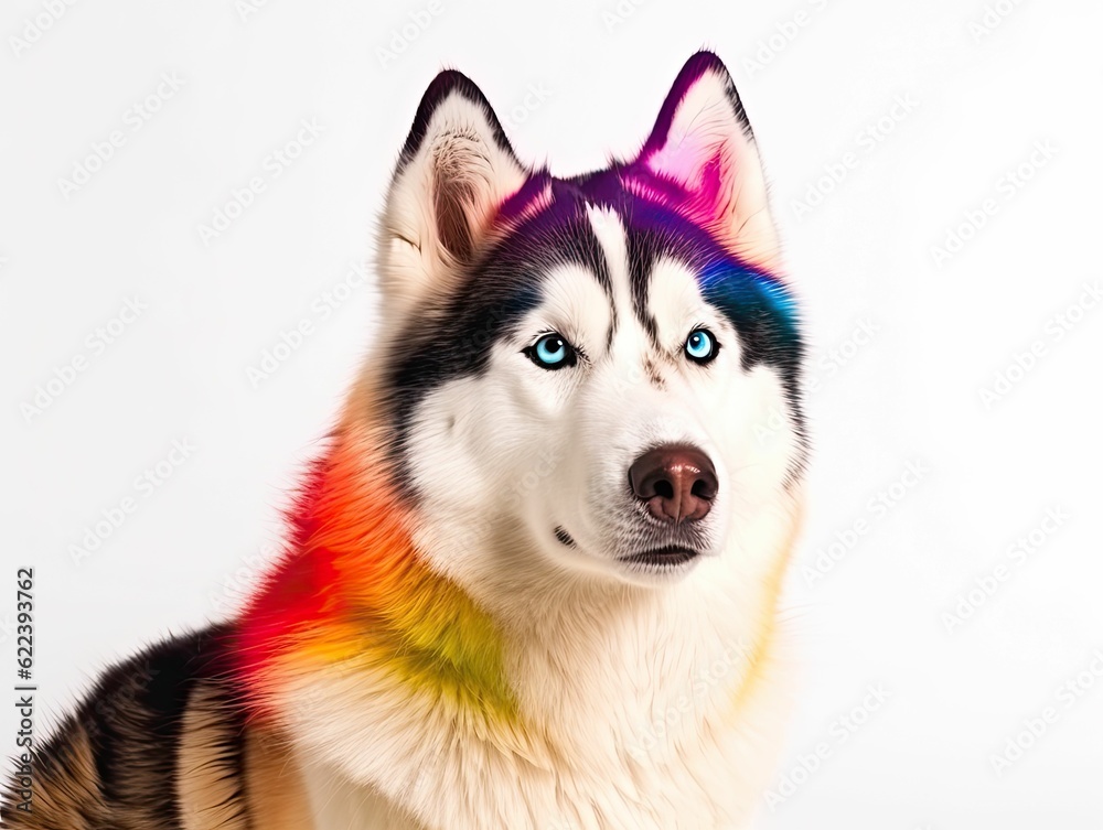 AI generated illustration of a colorful Siberian Husky in various colors on a white background