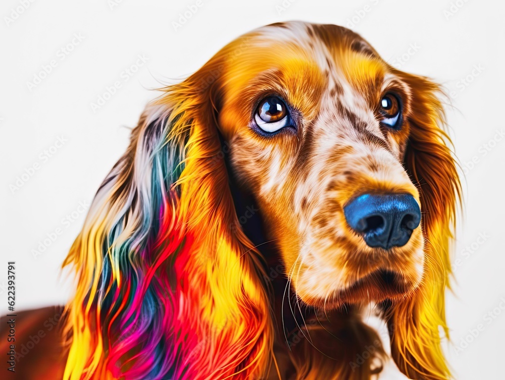 AI generated illustration of a colorful English Cocker Spaniel on a white background