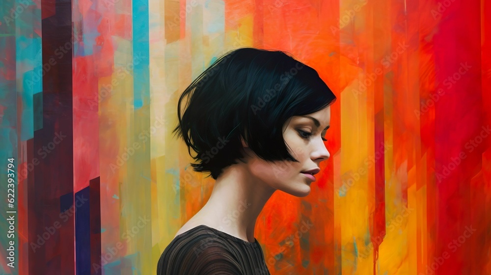 Young woman with dark short hair standing against a bright colorful wall. AI-generated.