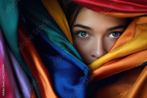 AI generated illustration of a beautiful female face looking out from colorful fabric