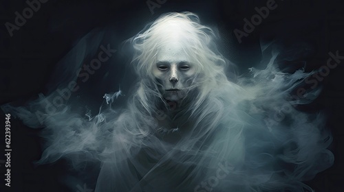 AI generated illustration of a spooky spirit with smoky mist emanating from her body