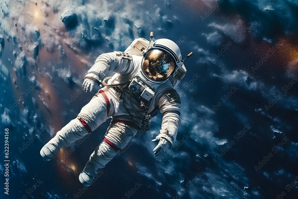 AI generated illustration of a astronaut in the sky, in a spacesuit, with a bright blue planet