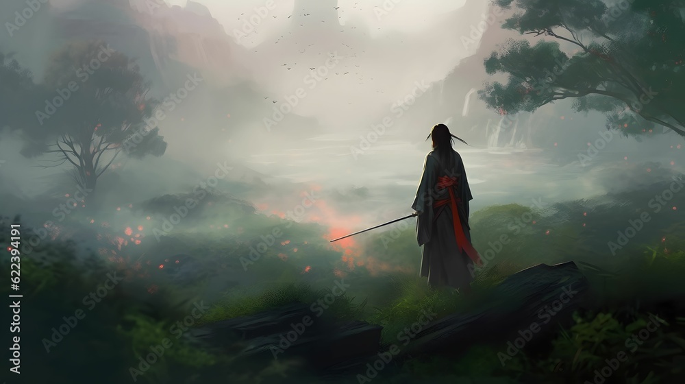 Obraz premium AI generated illustration of an oil painting of a brave fighter in the lush green meadow