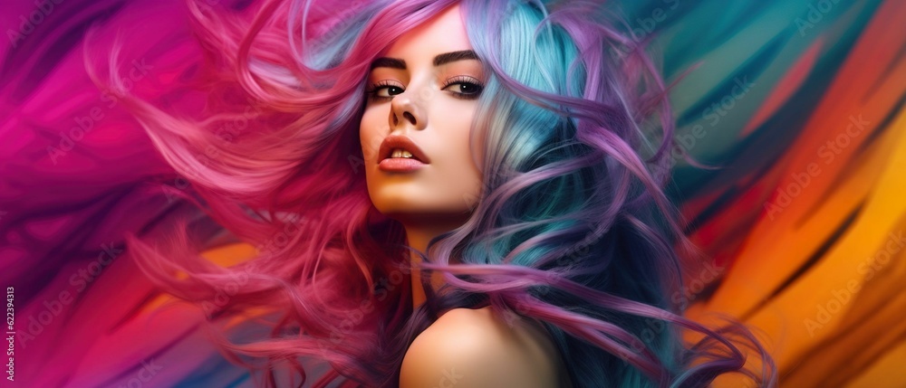 AI generated illustration of a beautiful young female with rainbow hair on a rainbow background