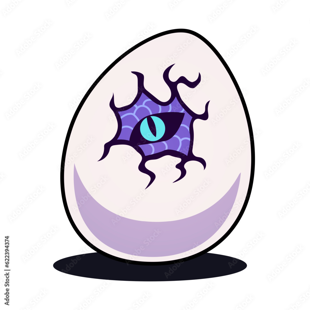 Dragon egg with cracks and eye. Monster peeking out of an egg shell. Game character concept. Vector illustration in flat cartoon style, isolated on white bankground Dragon egg with cracks and eye. Monster peeking out of an egg shell. Game character concept. Vector illustration in flat cartoon style, isolated on white bankground