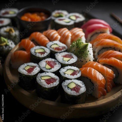 AI generated illustration of a variety of sushi rolls served on a wooden platter