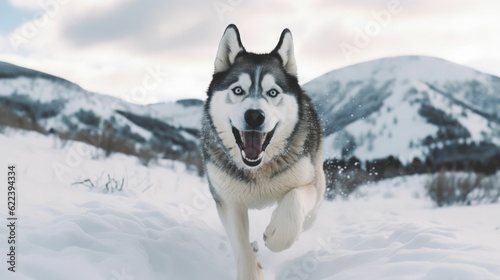 AI generated illustration of A majestic Siberian Husky running through a beautiful winter landscape