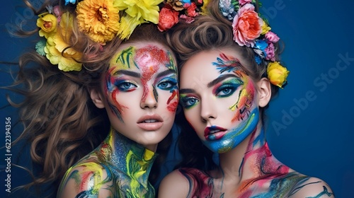 AI generated illustration of two young females with colorful makeup and floral headpieces