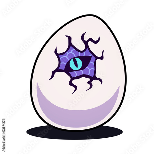 Dragon egg with cracks and eye. Monster peeking out of an egg shell. Game character concept. Vector illustration in flat cartoon style, isolated on white bankground
