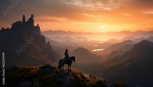 AI generated illustration of a knight with a horse standing on a hill at sunrise