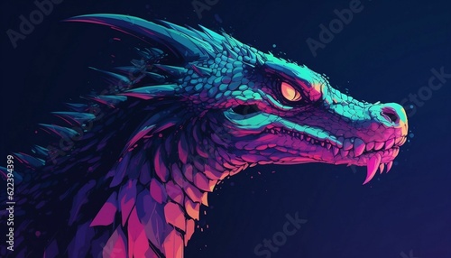 AI generated illustration of a mythical dragon on a neon background