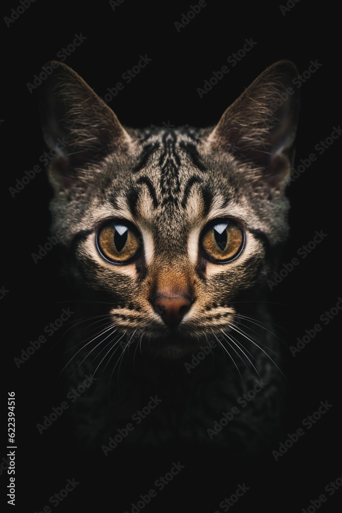 AI generated illustration of a beautiful tabby cat with big brown eyes