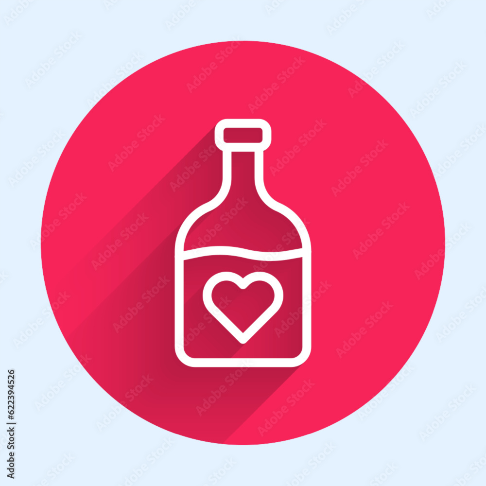 White line Bottle with love potion icon isolated with long shadow background. Happy Valentines day. Red circle button. Vector White line Bottle with love potion icon isolated with long shadow background. Happy Valentines day. Red circle button. Vector