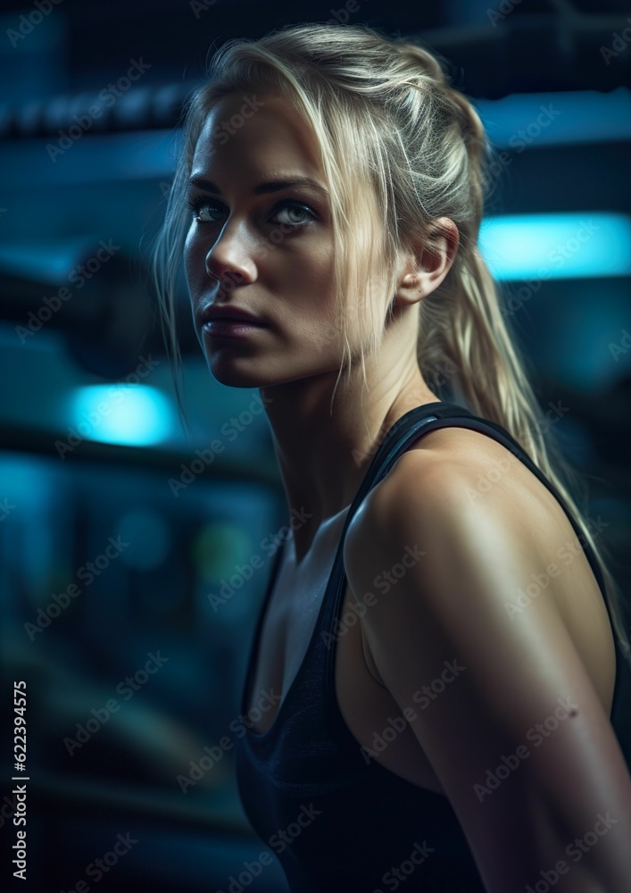 AI generated illustration of A confident young blonde woman standing in an indoor gymnasium AI generated illustration of A confident young blonde woman standing in an indoor gymnasium