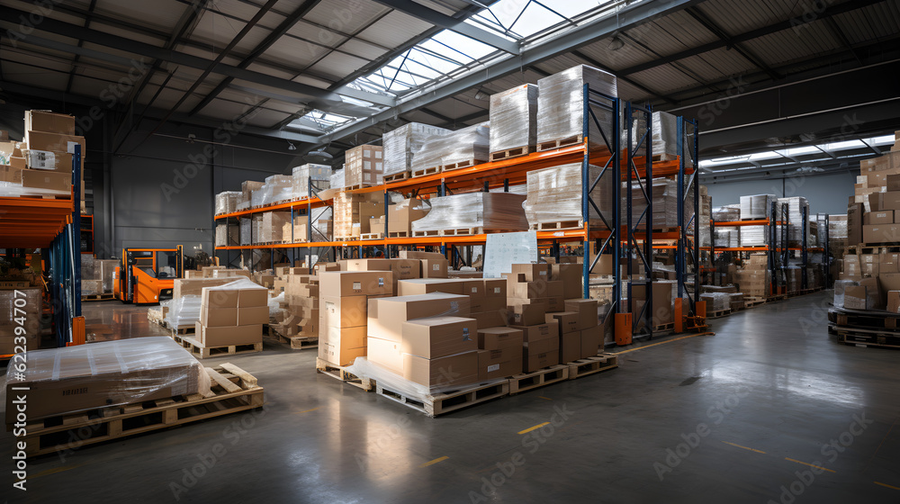 Interior of a modern warehouse storage of retail shop with pallet truck near shelves for advertising and background Generative AI