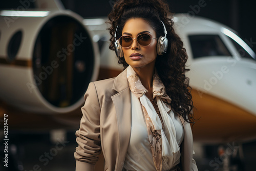 portrait of a businesswoman in sunglasses near private jet. Generative Ai © Vika art